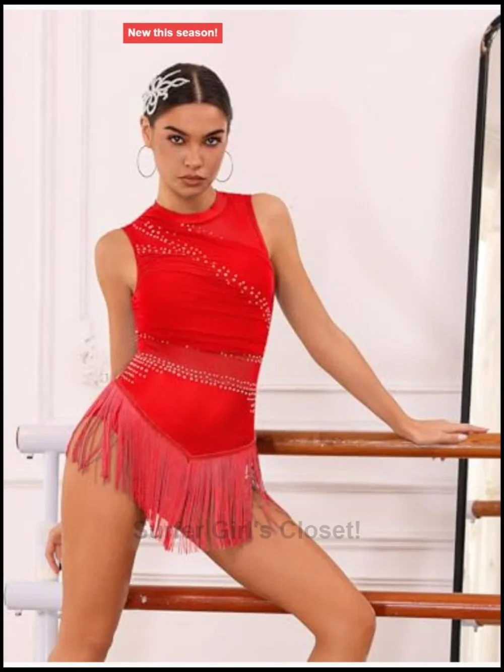 Rhinestone Fringe Latin Dance Bodysuit Halter Leotard